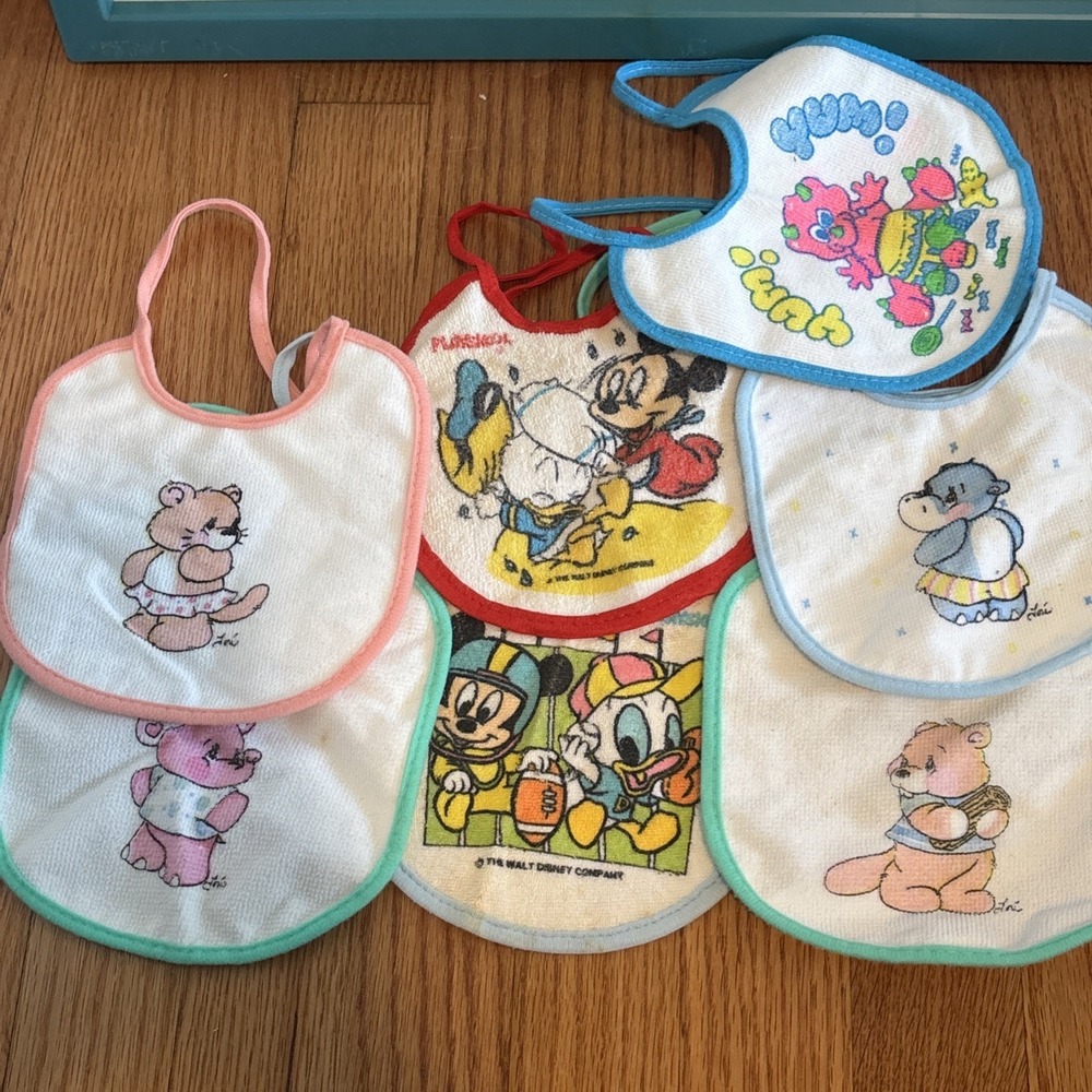 Vintage Playskool Disney And Others Lot Of‎ 7 Bibs Cloth Vinyl